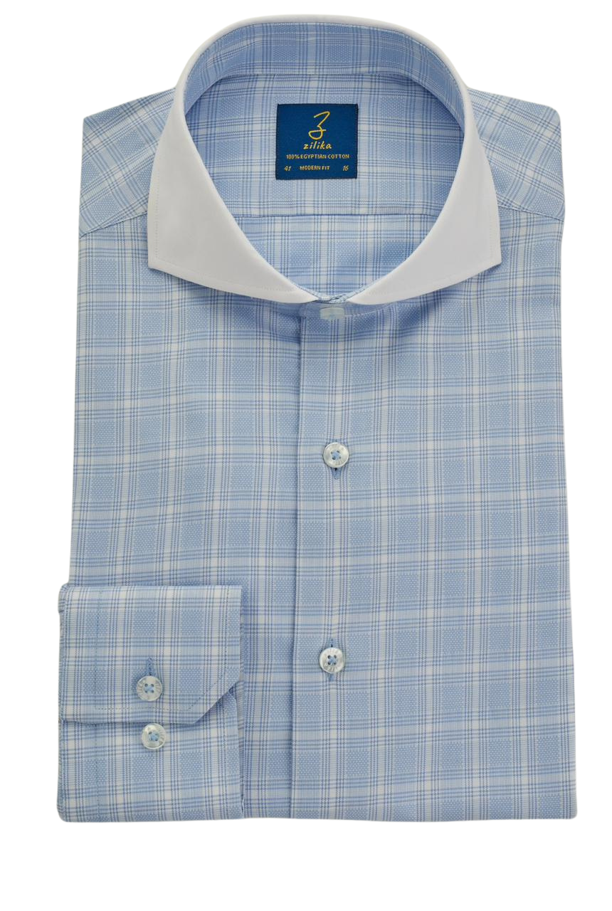 Heren Business Overhemd, Witte Kraag - 100% Egyptisch Katoen - Lichtblauw Ruitpatroon - Franse Sluiting