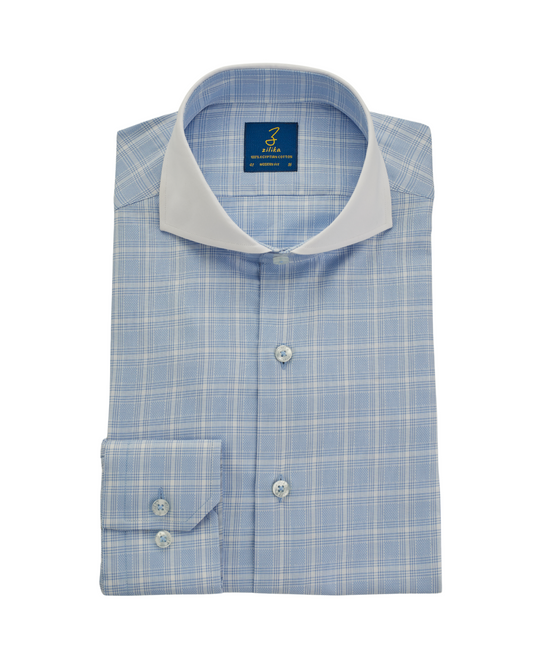 Men's Business Shirt, White Collar - 100% Egyptian Cotton - Light blue Karo - French Placket