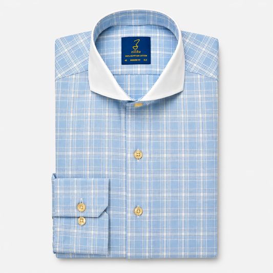 Men's Business Shirt, White Collar - 100% Egyptian Cotton - Light blue Karo