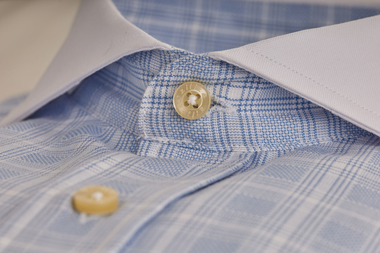 Men's Business Shirt, White Collar - 100% Egyptian Cotton - Light blue Karo