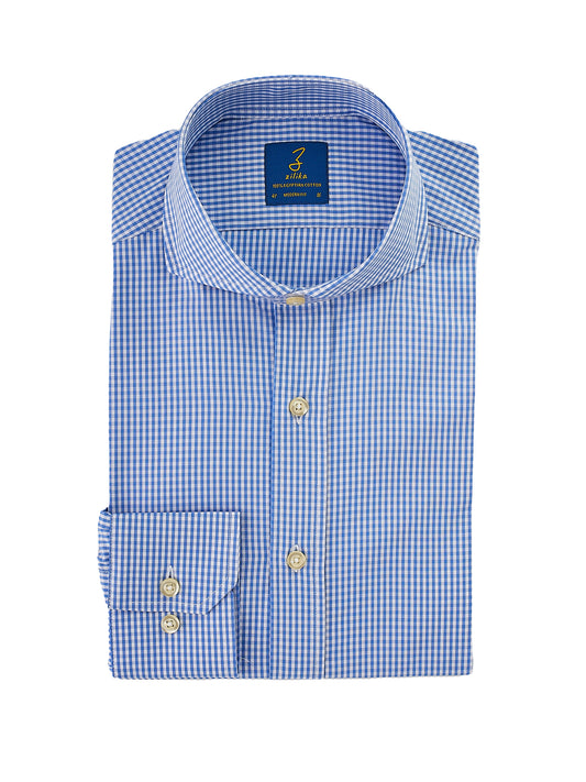 Men's Business Shirt - 100% Egyptian Cotton - Light blue checkered