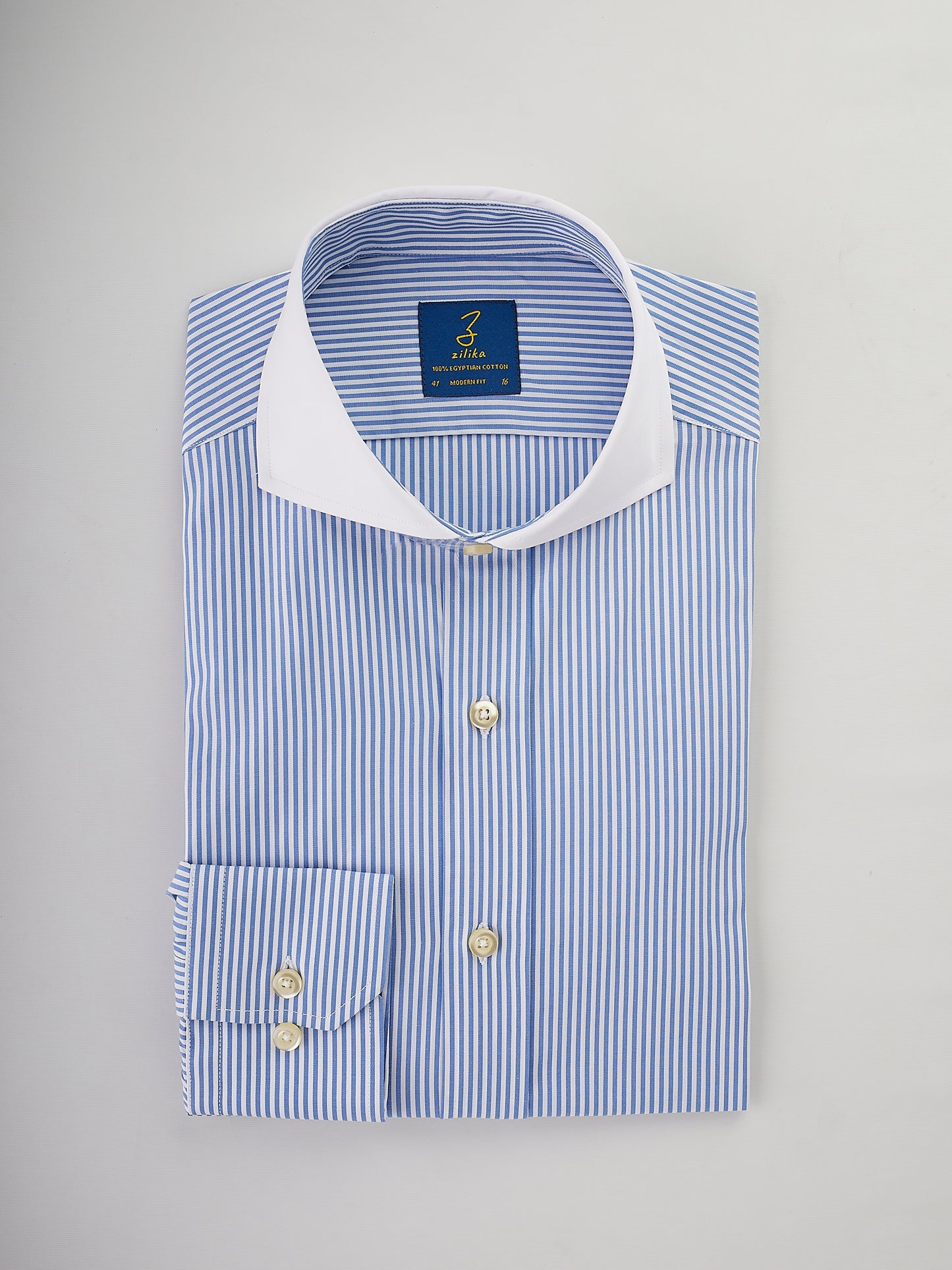 Men's Business Shirt , White Collar - 100% Egyptian Cotton - Striped Light Blue