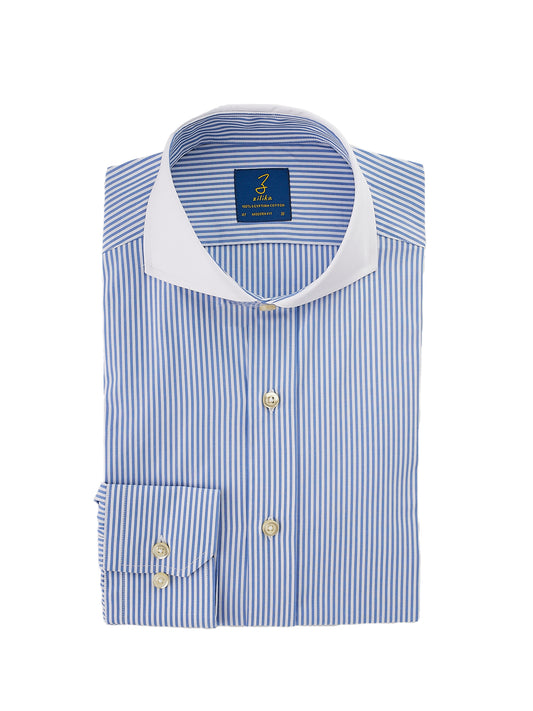 Men's Business Shirt , White Collar - 100% Egyptian Cotton - Striped Light Blue
