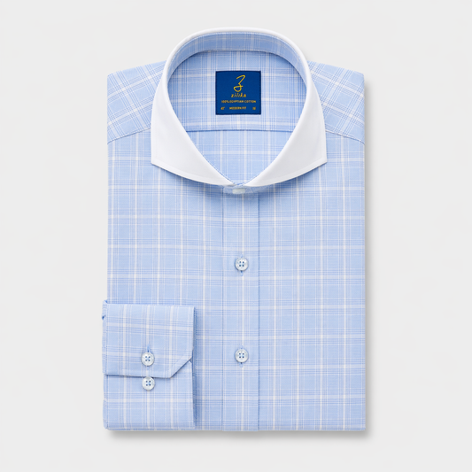 Men's Business Shirt, White Collar - 100% Egyptian Cotton - Light blue Karo - Front Placket