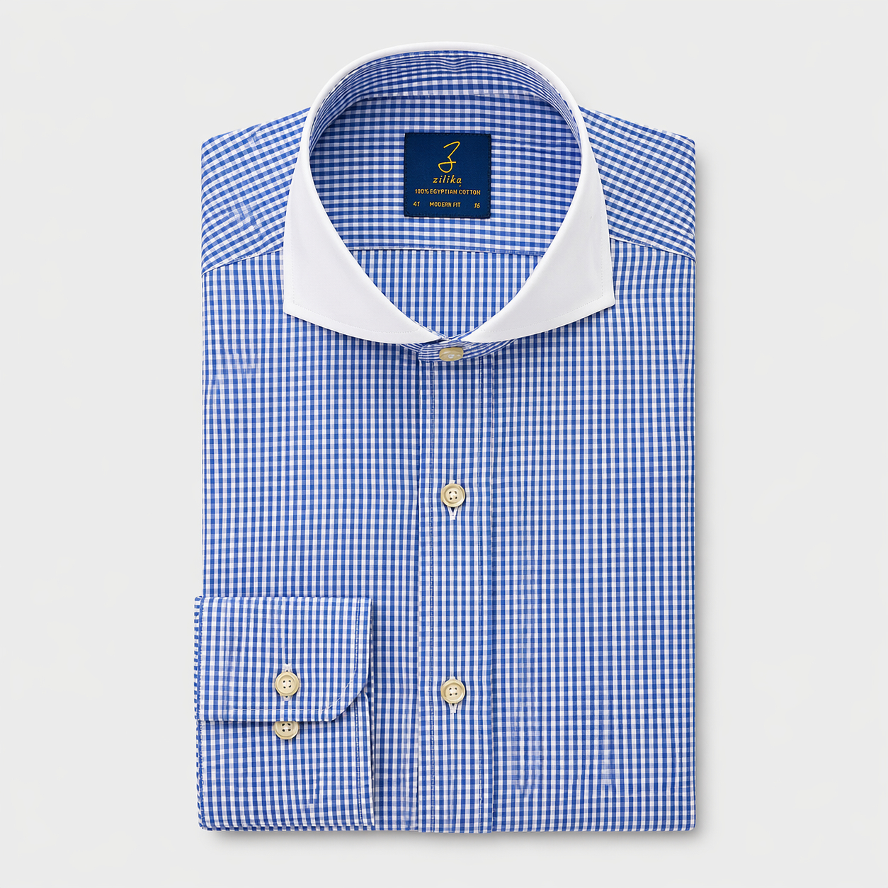 Men's Business Shirt, White Collar - 100% Egyptian Cotton - Light blue checkered