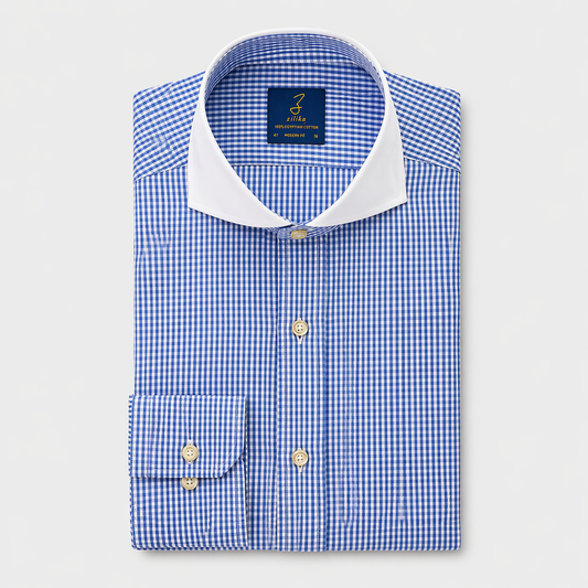Men's Business Shirt, White Collar - 100% Egyptian Cotton - Light blue checkered