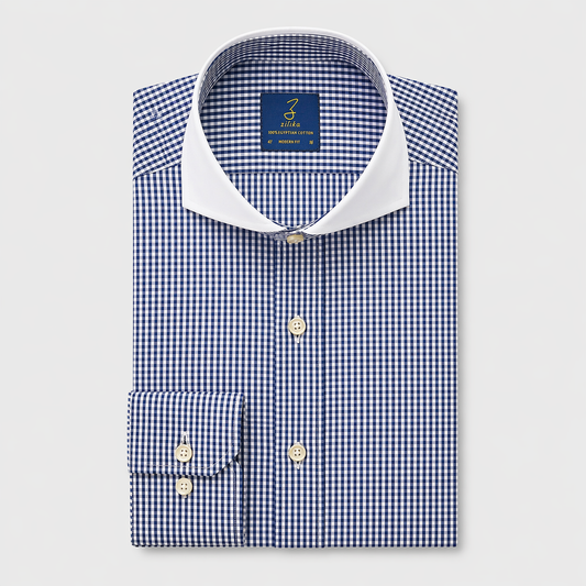 Men's Business Shirt, White Collar - 100% Egyptian Cotton - Dark blue checkered