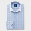 Men's Business Shirt, White Collar - 100% Egyptian Cotton - Light blue Karo - French Placket