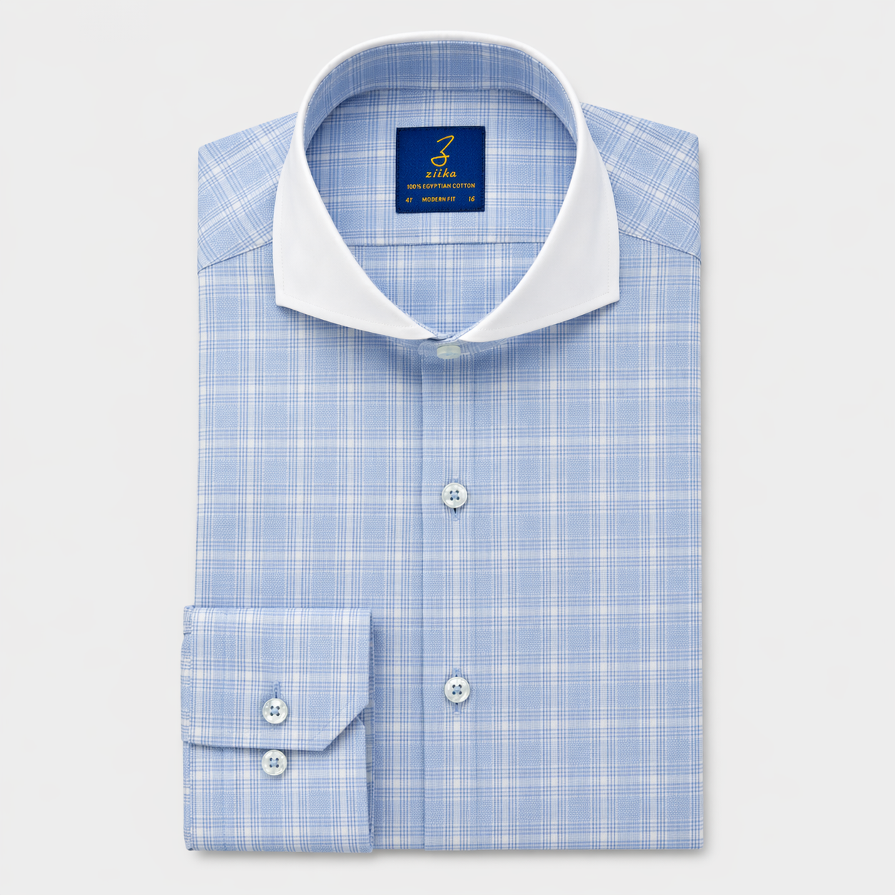 Men's Business Shirt, White Collar - 100% Egyptian Cotton - Light blue Karo - French Placket