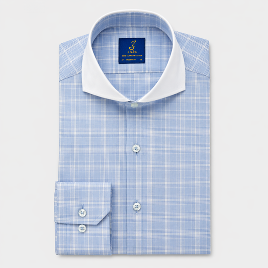 Men's Business Shirt, White Collar - 100% Egyptian Cotton - Light blue Karo - French Placket