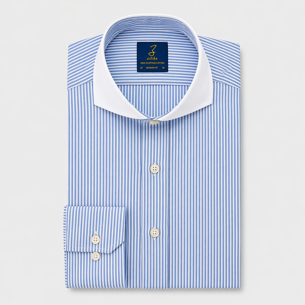 Chemise d'affaires pour hommes, col blanc - 100% coton égyptien - rayée bleu clair