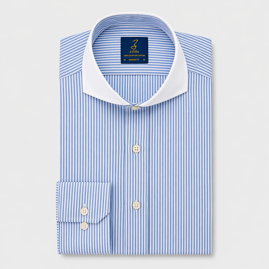 Men's Business Shirt , White Collar - 100% Egyptian Cotton - Striped Light Blue