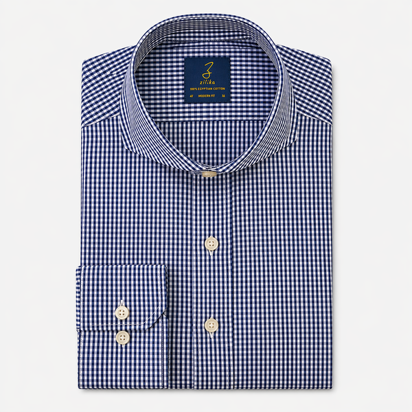 Men's Business Shirt , White Collar - 100% Egyptian Cotton - Dark Blue Striped