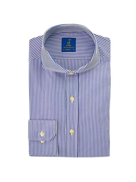 Men's Business Shirt , White Collar - 100% Egyptian Cotton - Dark Blue Striped