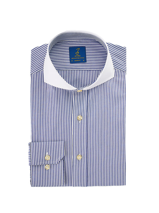 Men's Business Shirt , White Collar - 100% Egyptian Cotton - Striped Dark Blue
