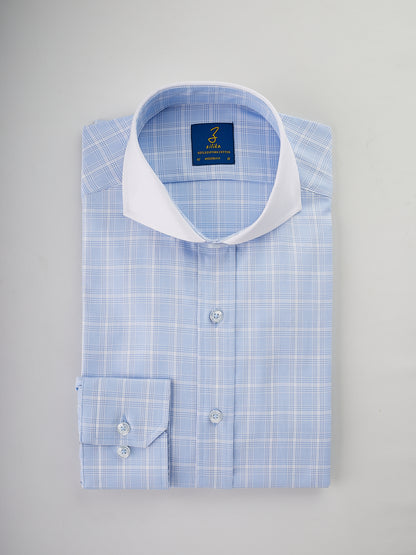 Men's Business Shirt, White Collar - 100% Egyptian Cotton - Light blue Karo - Front Placket