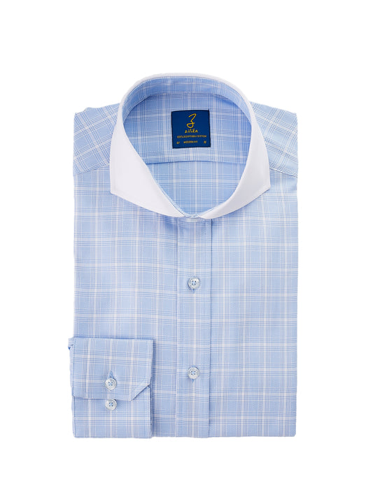 Men's Business Shirt, White Collar - 100% Egyptian Cotton - Light blue Karo - Front Placket