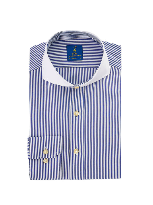 Men's Business Shirt , White Collar - 100% Egyptian Cotton - Dark Blue Striped