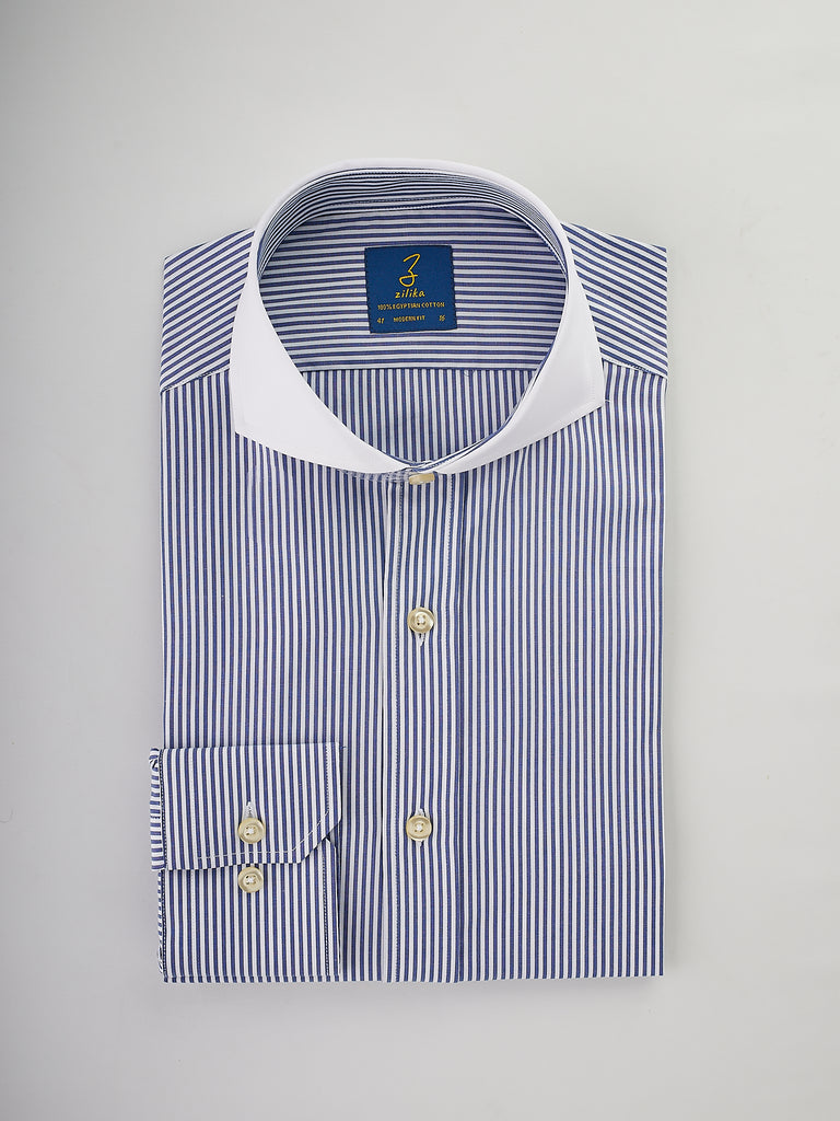 Men's Business Shirt , White Collar - 100% Egyptian Cotton - Dark Blue Striped