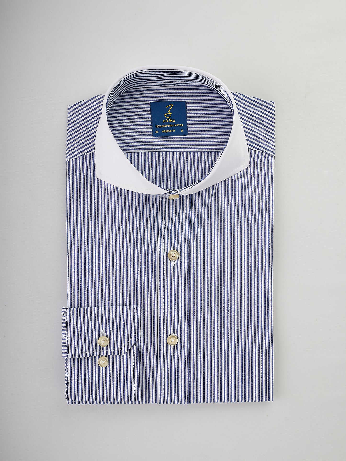 Men's Business Shirt , White Collar - 100% Egyptian Cotton - Dark Blue Striped