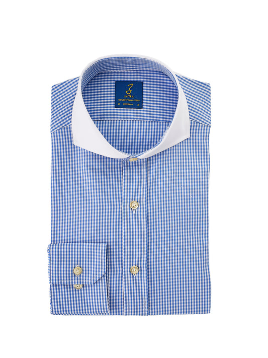 Men's Business Shirt, White Collar - 100% Egyptian Cotton - Light blue checkered
