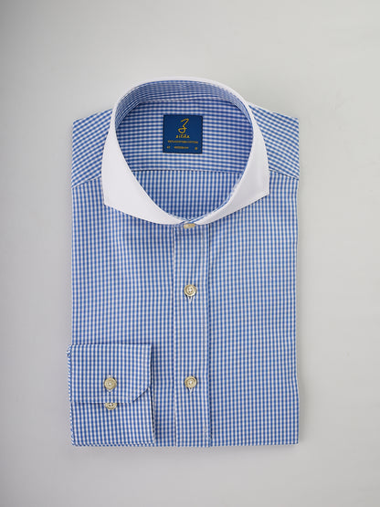 Men's Business Shirt, White Collar - 100% Egyptian Cotton - Light blue checkered