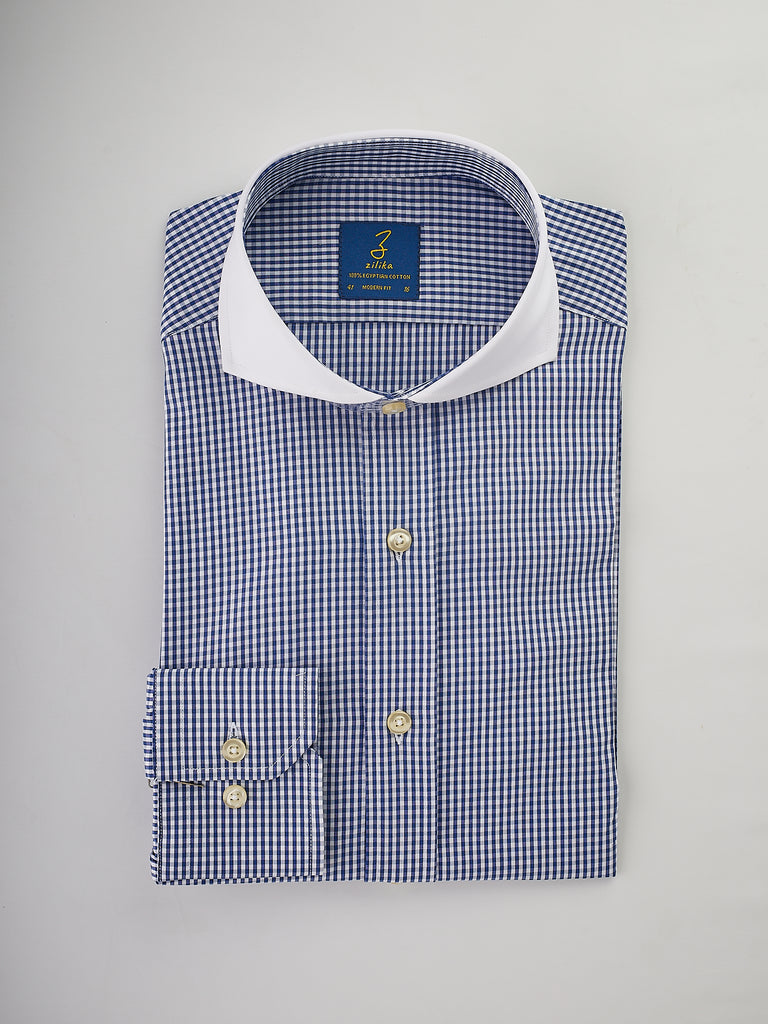 Men's Business Shirt, White Collar - 100% Egyptian Cotton - Dark blue checkered