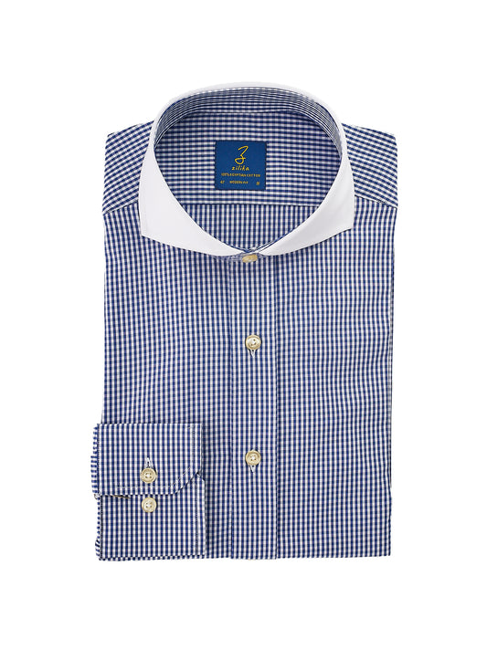 Men's Business Shirt, White Collar - 100% Egyptian Cotton - Dark blue checkered