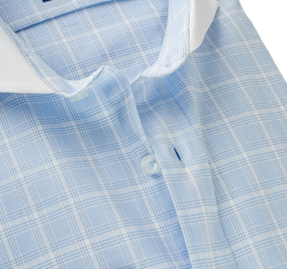 Heren Business Overhemd, Witte Kraag - 100% Egyptisch Katoen - Lichtblauw Ruitpatroon - Voorpand met Knopenlijst