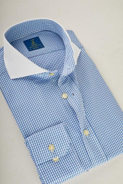 Men's Business Shirt, White Collar - 100% Egyptian Cotton - Light blue checkered