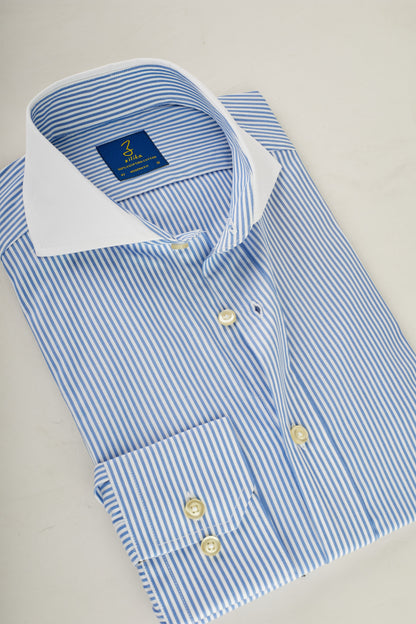 Men's Business Shirt , White Collar - 100% Egyptian Cotton - Striped Light Blue