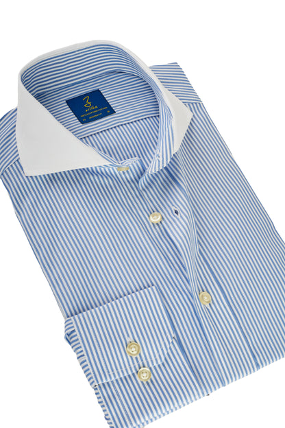 Heren Business Overhemd, Witte Kraag - 100% Egyptisch Katoen - Gestreept Lichtblauw