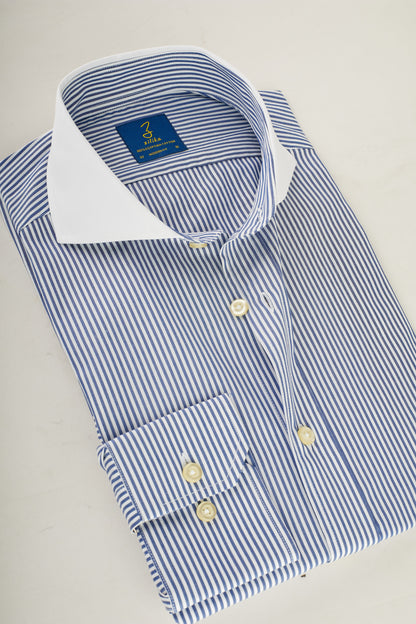 Men's Business Shirt , White Collar - 100% Egyptian Cotton - Dark Blue Striped