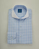 Men's Business Shirt, White Collar - 100% Egyptian Cotton - Light blue Karo - French Placket