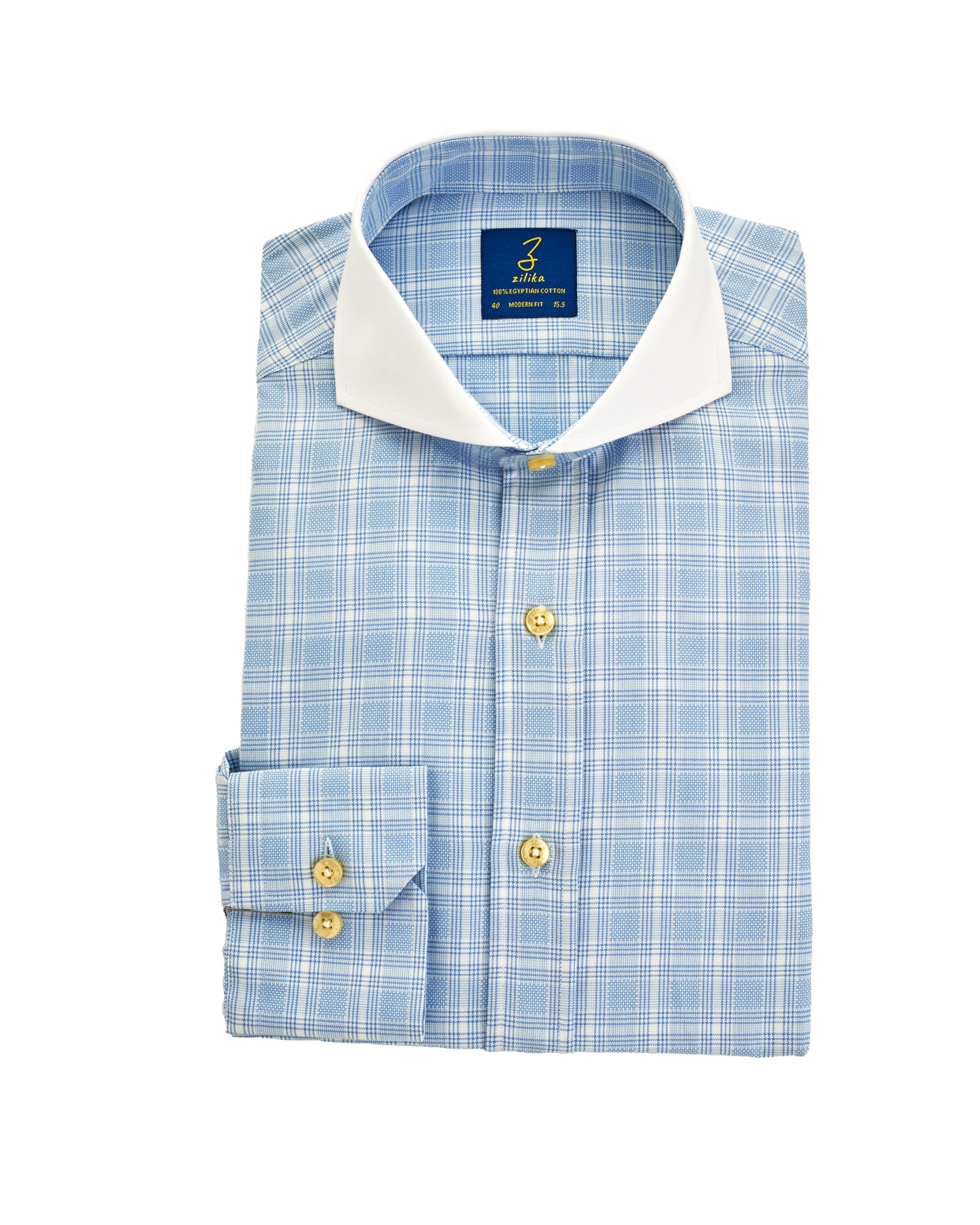 Men's Business Shirt, White Collar - 100% Egyptian Cotton - Light blue Karo
