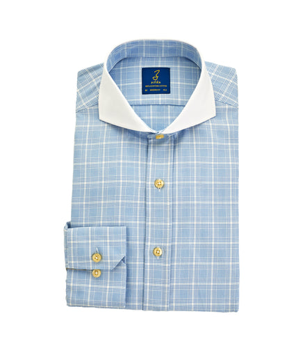 Men's Business Shirt, White Collar - 100% Egyptian Cotton - Light blue Karo