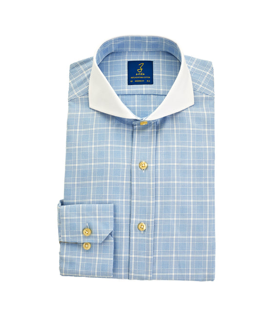 Men's Business Shirt, White Collar - 100% Egyptian Cotton - Light blue Karo