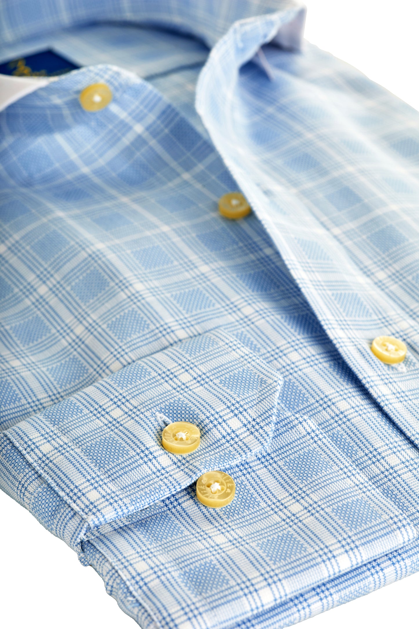 Men's Business Shirt, White Collar - 100% Egyptian Cotton - Light blue Karo