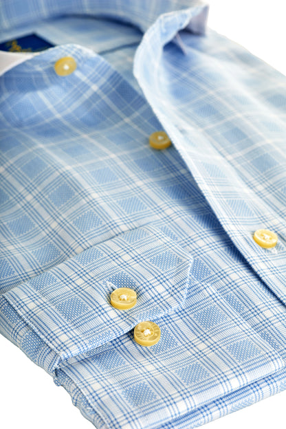 Men's Business Shirt, White Collar - 100% Egyptian Cotton - Light blue Karo