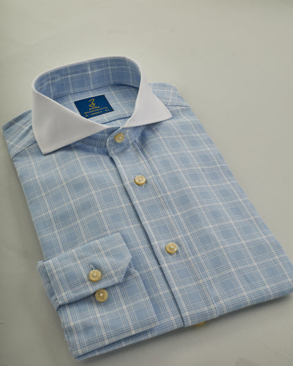 Men's Business Shirt, White Collar - 100% Egyptian Cotton - Light blue Karo - Front Placket